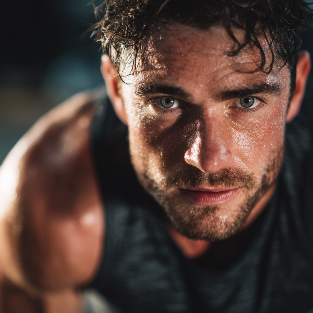 Motivated man in athletic wear preparing for workout, displaying focus and determination