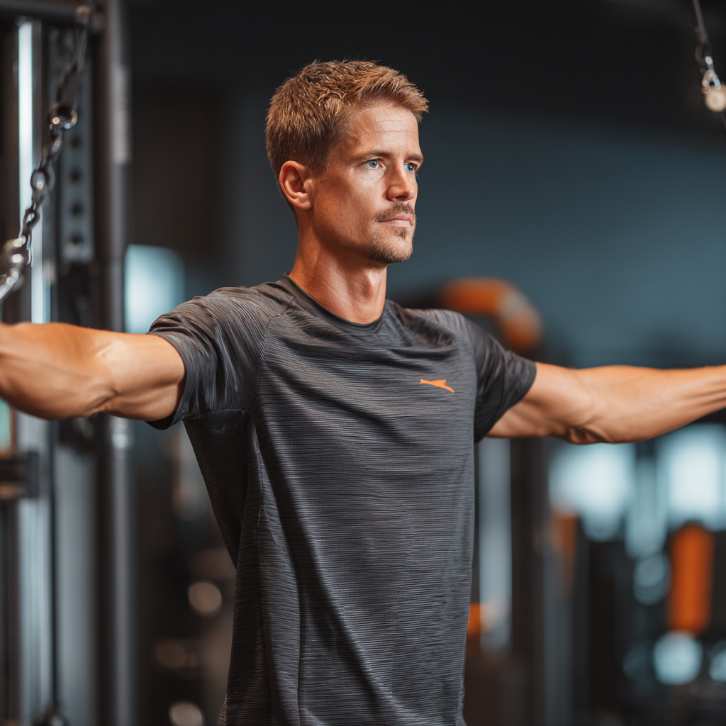 Professional trainer demonstrating proper exercise form and technique in modern gym setting